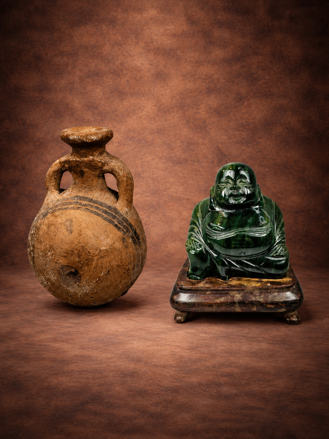 Ancient Cypriot terracotta pilgrim flask and vintage Chinese carved green hardstone Budai displayed against a warm brown museum-style background.