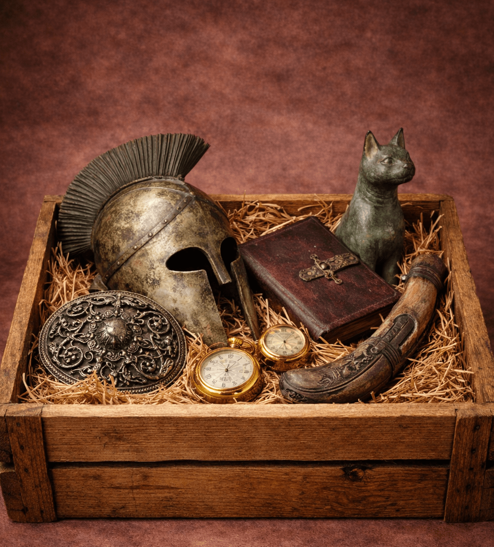 Wooden crate of newly arrived historical artifacts against a warm brown studio background.