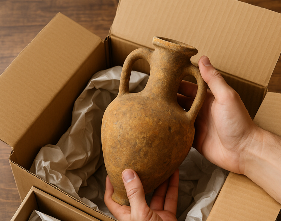 Pair of hands carefully unboxing an ancient terracotta vessel from a cardboard box filled with packing materials on a wooden table, showing the rare artifact in detail.