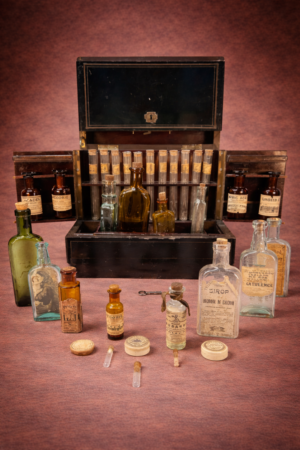 Antique Victorian physician’s portable apothecary chest with original labeled glass bottles and medical containers displayed against a warm brown studio background.