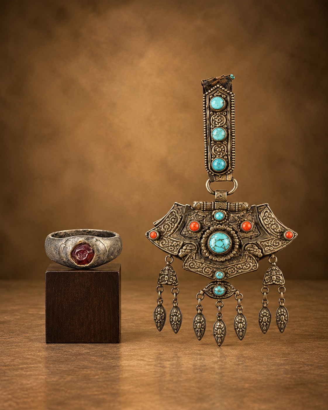 Antique Sassanian silver carnelian ring and Tibetan turquoise-and-coral prayer shrine pendant displayed in the Relic & Rarity Eastern Antiquities collection.