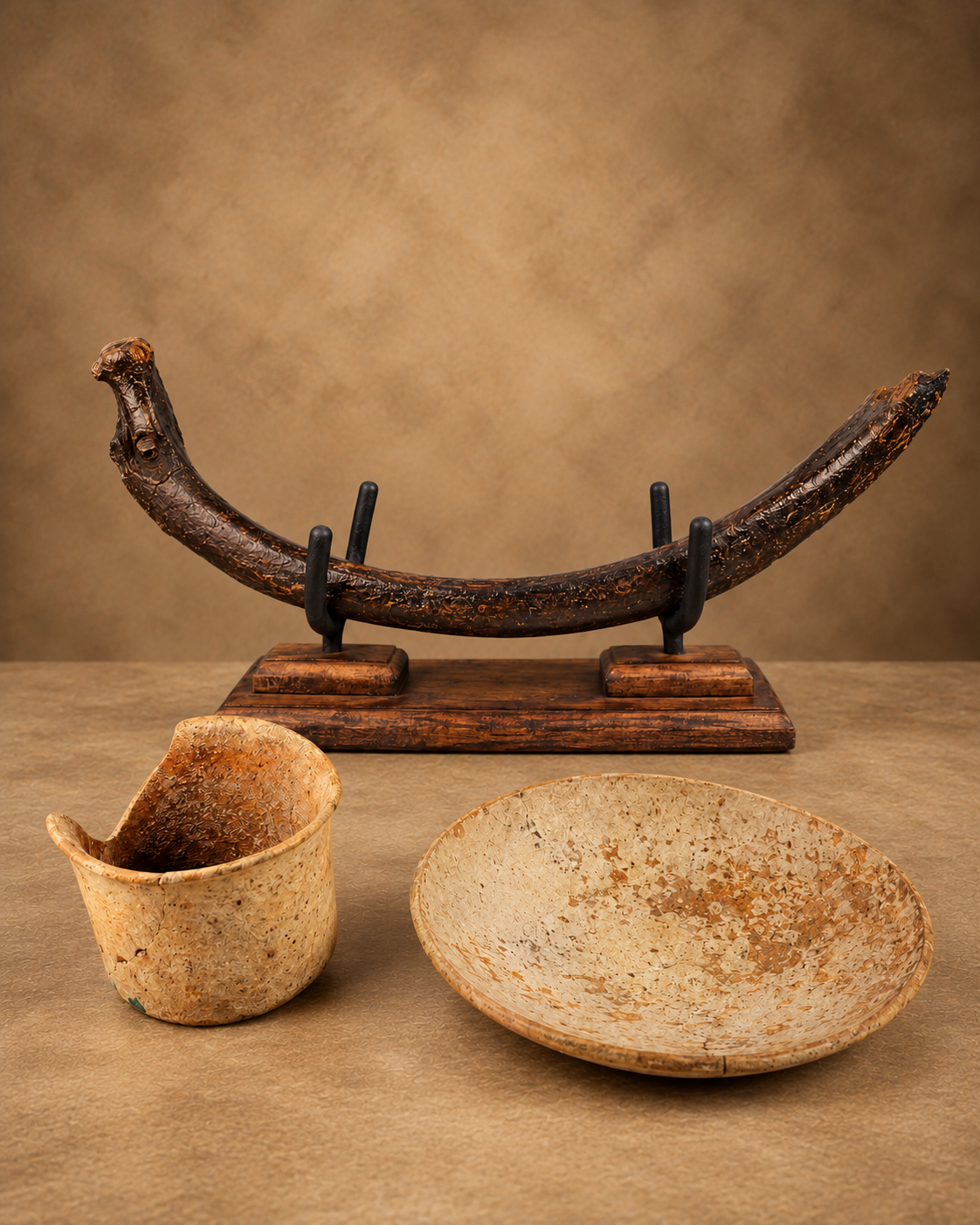 Prehistoric artifacts featuring a large curved fossil or bone specimen on a stand beside two weathered ancient vessels.