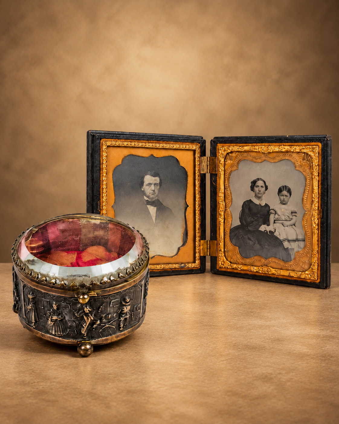 Victorian artifacts featuring two cased photographic portraits beside an ornate antique trinket box with a red interior.