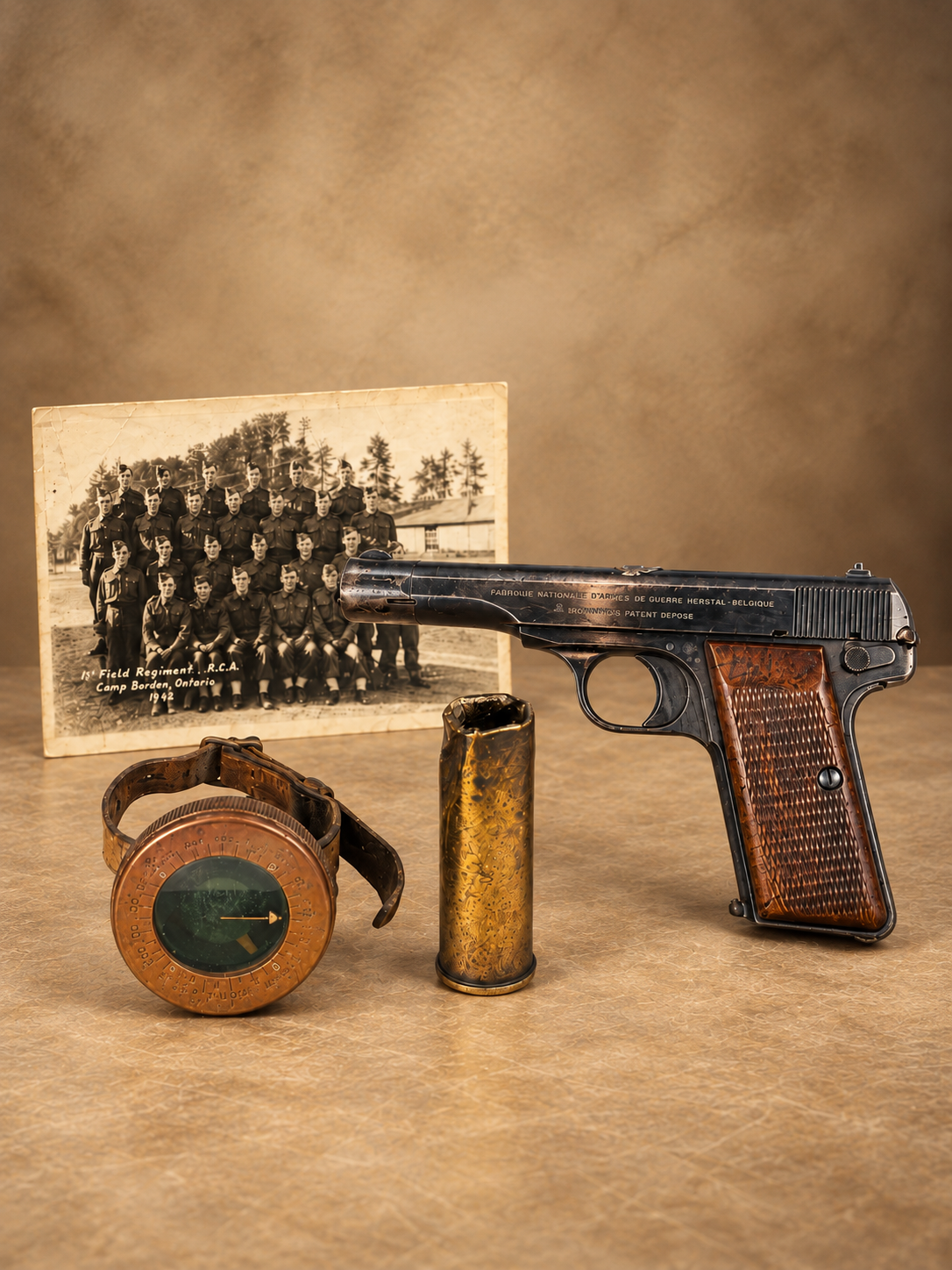 Vintage war and military artifacts featuring a historic pistol, shell casing, round instrument, and group photograph displayed together.