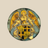 16th-century Swiss Renaissance stained glass panel depicting a radiant nimbate angel with outstretched wings holding a heraldic shield featuring three ermine sables and golden crosses, symbolizing purity and divine protection. Mounted in a circular lead frame against a soft neutral background.