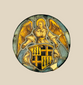 16th-century Swiss Renaissance stained glass panel depicting a radiant nimbate angel with outstretched wings holding a heraldic shield featuring three ermine sables and golden crosses, symbolizing purity and divine protection. Mounted in a circular lead frame against a soft neutral background.