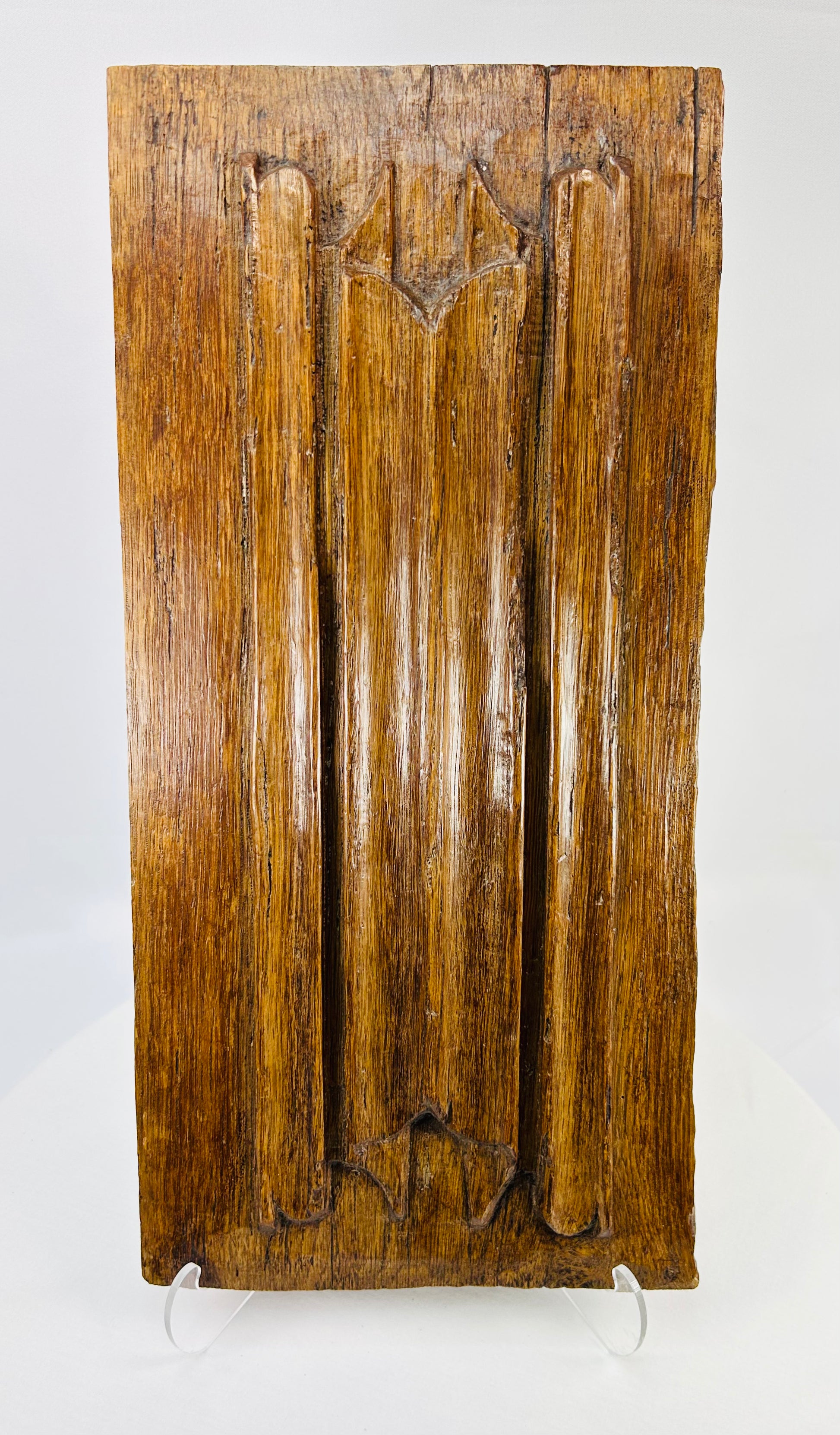 16th-century hand-carved Gothic oak architectural panel with trefoil and pointed arch motifs