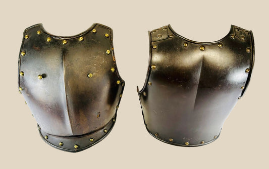 17th-century French cuirassier armor set with brass-studded breastplate and matching backplate, 16 in x 15 in, featuring inner linen lining with leather trim, battle wear and patina visible, historically used in European cavalry warfare.