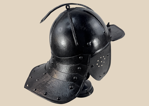 Authentic mid-17th century forged iron military helmet with black painted finish, adjustable nasal bar, and articulated neck guard.