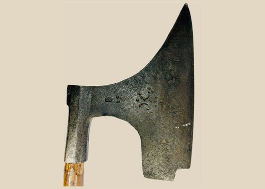 Antique 18th-century European executioner-style axe with broad forged iron blade, distinctive crescent and cartouche forge stamps, and later hardwood handle replacement.