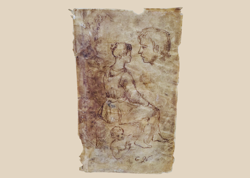 18th-century European sepia ink figure study on vellum depicting a seated female figure