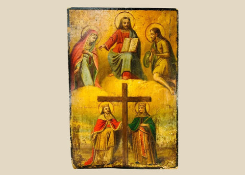 Antique Eastern Orthodox icon painted in tempera on wood, depicting Christ enthroned with Virgin Mary and St. John the Baptist above, and Saints Constantine and Helena venerating the True Cross below, photographed on a white background.