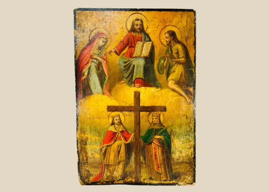 Antique Eastern Orthodox icon painted in tempera on wood, depicting Christ enthroned with Virgin Mary and St. John the Baptist above, and Saints Constantine and Helena venerating the True Cross below, photographed on a white background.