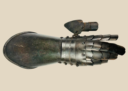 Antique 19th-century European steel gauntlet, right hand, flared cuff, articulated finger plates, hinged thumb defense, in 16th–17th-century style, 15 inches long