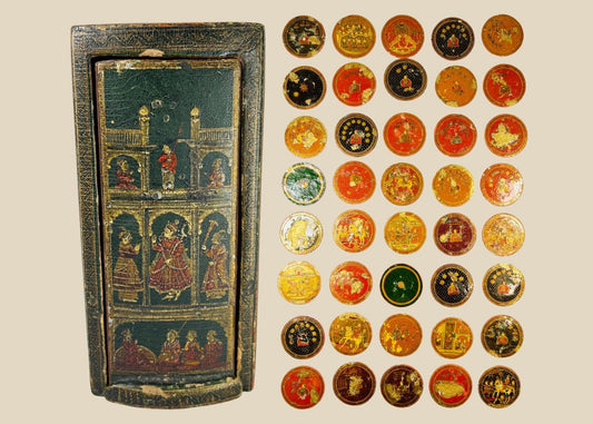Indian Ganjifa Playing Cards | 98 Hand-Painted Circular Cards in Decorative Wooden Box | 19th Century