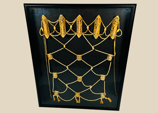 Rare 19th-century Himalayan Tibetan Tantric ritual apron (rus gyan) made of human and animal bones, featuring six elliptical plaques depicting Chakrasamvara deities, crisscrossed bone bead lattice, cotton backing, and natural pigments, ceremonial and devotional garment
