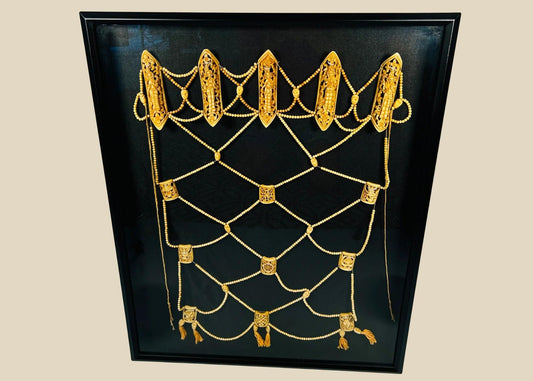 Rare 19th-century Himalayan Tibetan Tantric ritual apron (rus gyan) made of human and animal bones, featuring six elliptical plaques depicting Chakrasamvara deities, crisscrossed bone bead lattice, cotton backing, and natural pigments, ceremonial and devotional garment