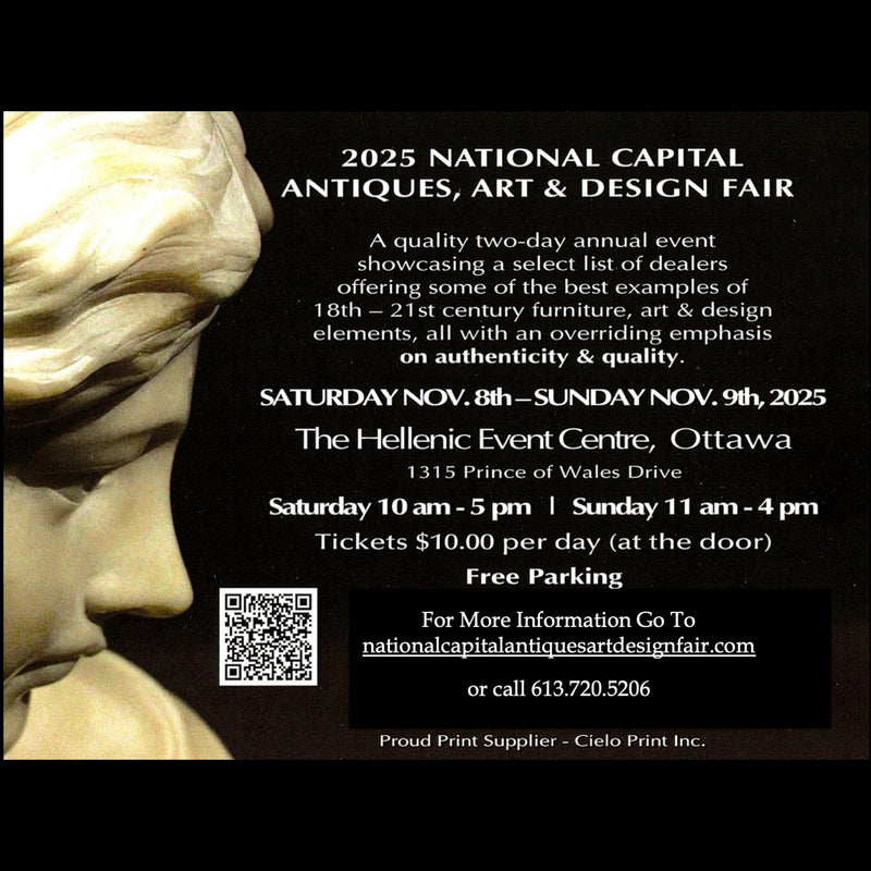 Advertisement for the 2025 National Capital Antiques, Art & Design Fair featuring a classical marble statue profile on the left.
