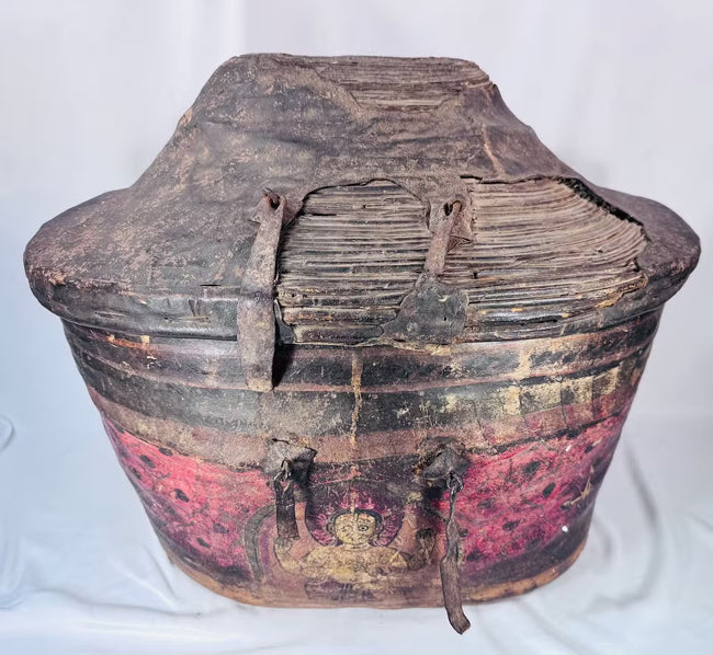 Himalayan leather-clad lidded basket with aged red and ochre decoration