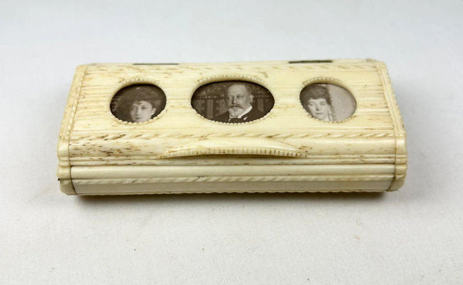 19th century carved bone snuff box featuring three antique portrait photographs and brass hinges