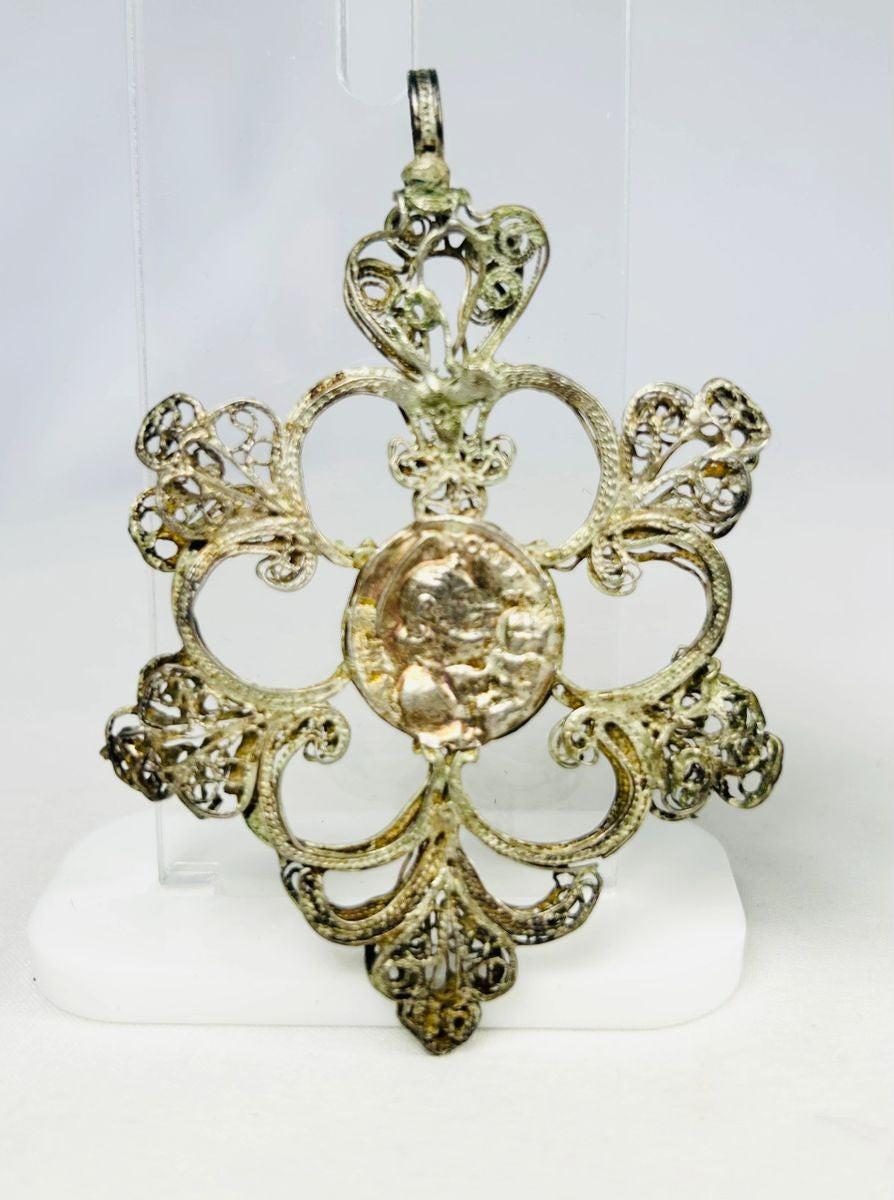 Italian or Spanish silver filigree pendant featuring Christ portrait