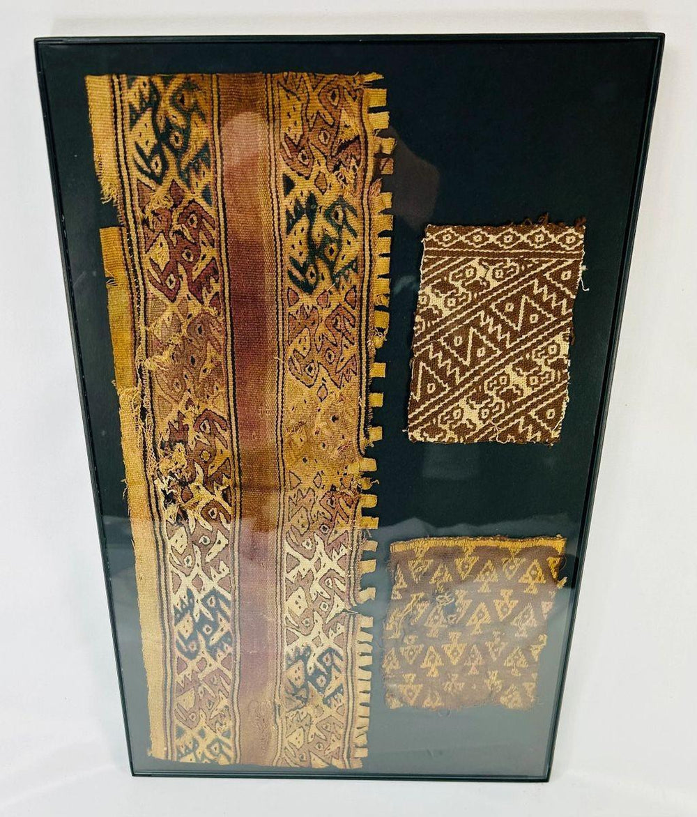 Close-up of Pre-Columbian Chancay textile fragments showing vibrant natural dyes and woven motifs.