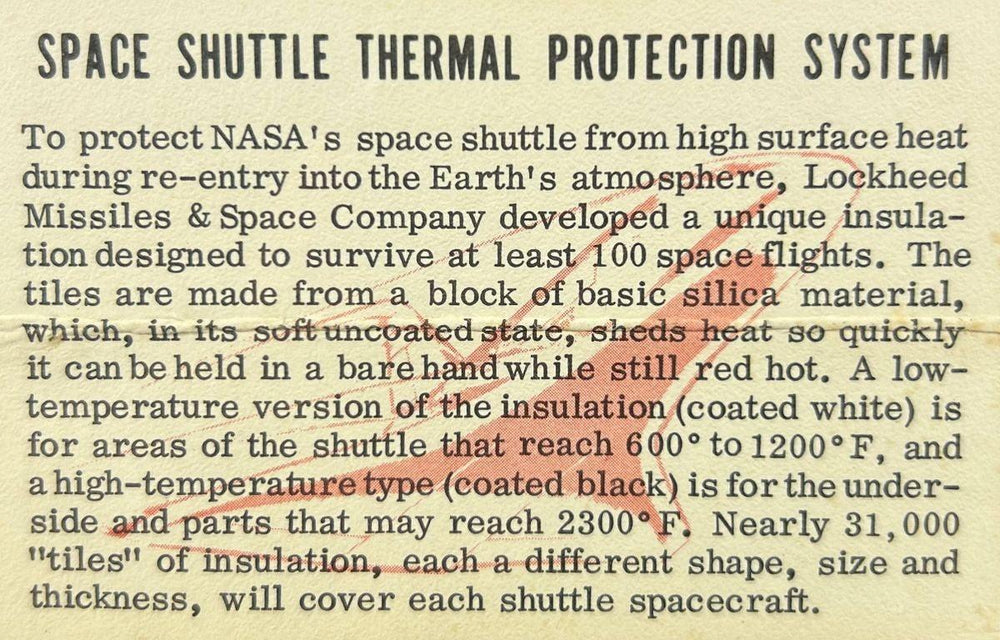 Original NASA Space Shuttle Thermal Protection System label explaining silica insulation tiles, heat resistance, and Lockheed design used in 1980s shuttle program.