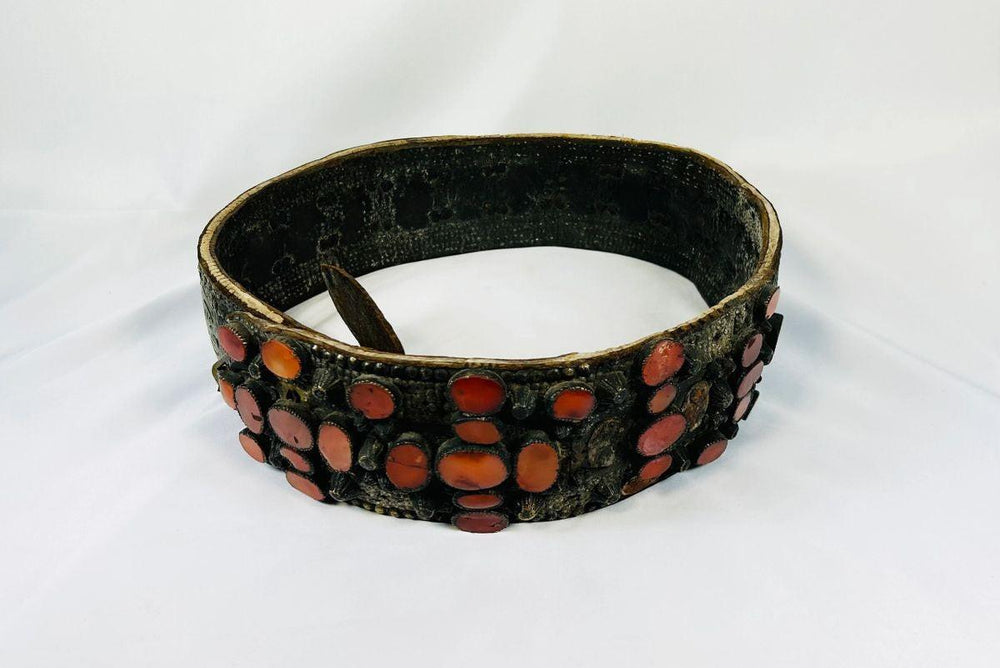 17th–18th century Southern Russian Jewish bridal belt made of brass with inset carnelian stones — antique ceremonial jewelry.