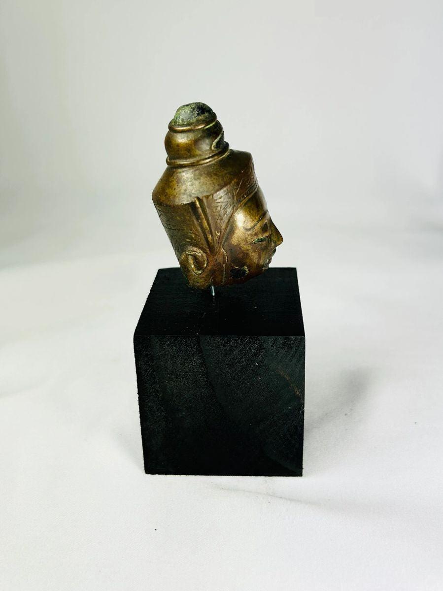 Authentic bronze Buddha head from Thailand or Cambodia, 18th–19th century, serene facial features, greenish patina