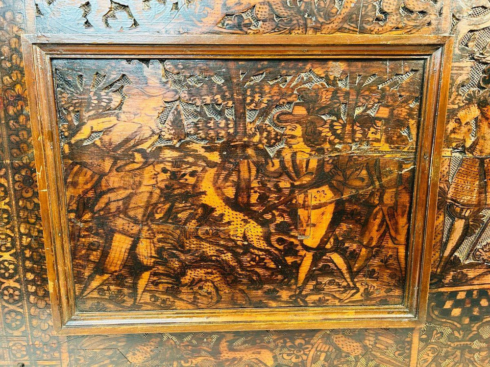 Antique Renaissance wood carving with hunting figures and intricate allegorical detailing, 1500s–1600s.