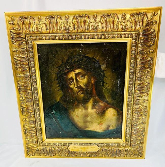 Historic Old Master style Ecce Homo oil painting depicting Christ crowned with thorns with strong Caravaggesque lighting effects.