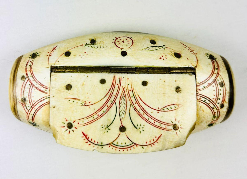 Domed bone snuff box with red and green ink floral decoration Napoleonic era