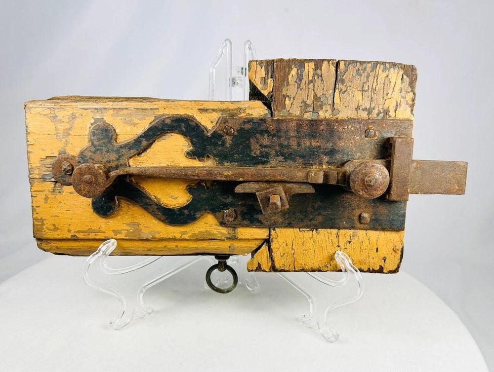 18th-century colonial wooden locking mechanism with original hand-forged iron hardware