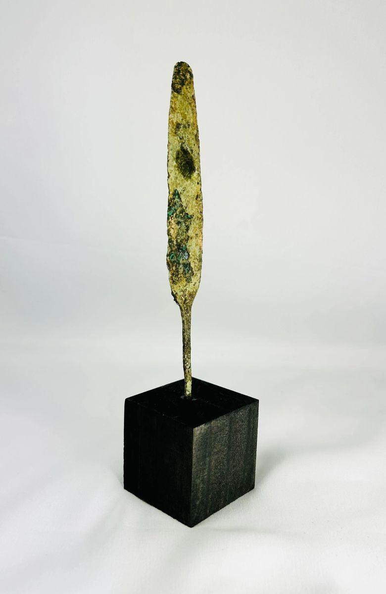 Bronze Age leaf-shaped spearhead with tapered point and natural patina