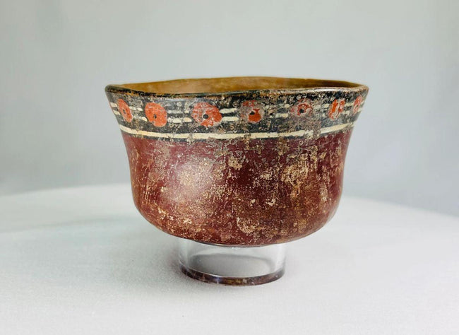 Early Nazca polychrome terracotta bowl with geometric and circular painted motifs, Peru, circa 100–300 AD.