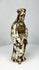 Carved wooden Spanish Colonial religious santo with traces of gold and paint, open-hand gesture and aged surface patina, mounted on original base.