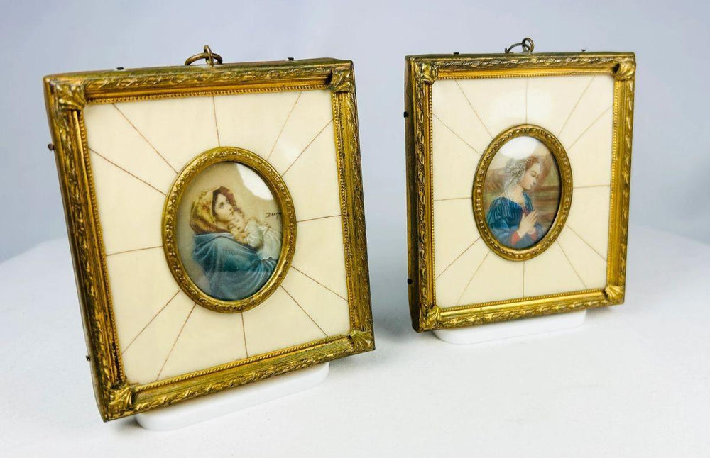 Framed European Madonna and Virgin Mary miniatures with gilt accents and protective glass