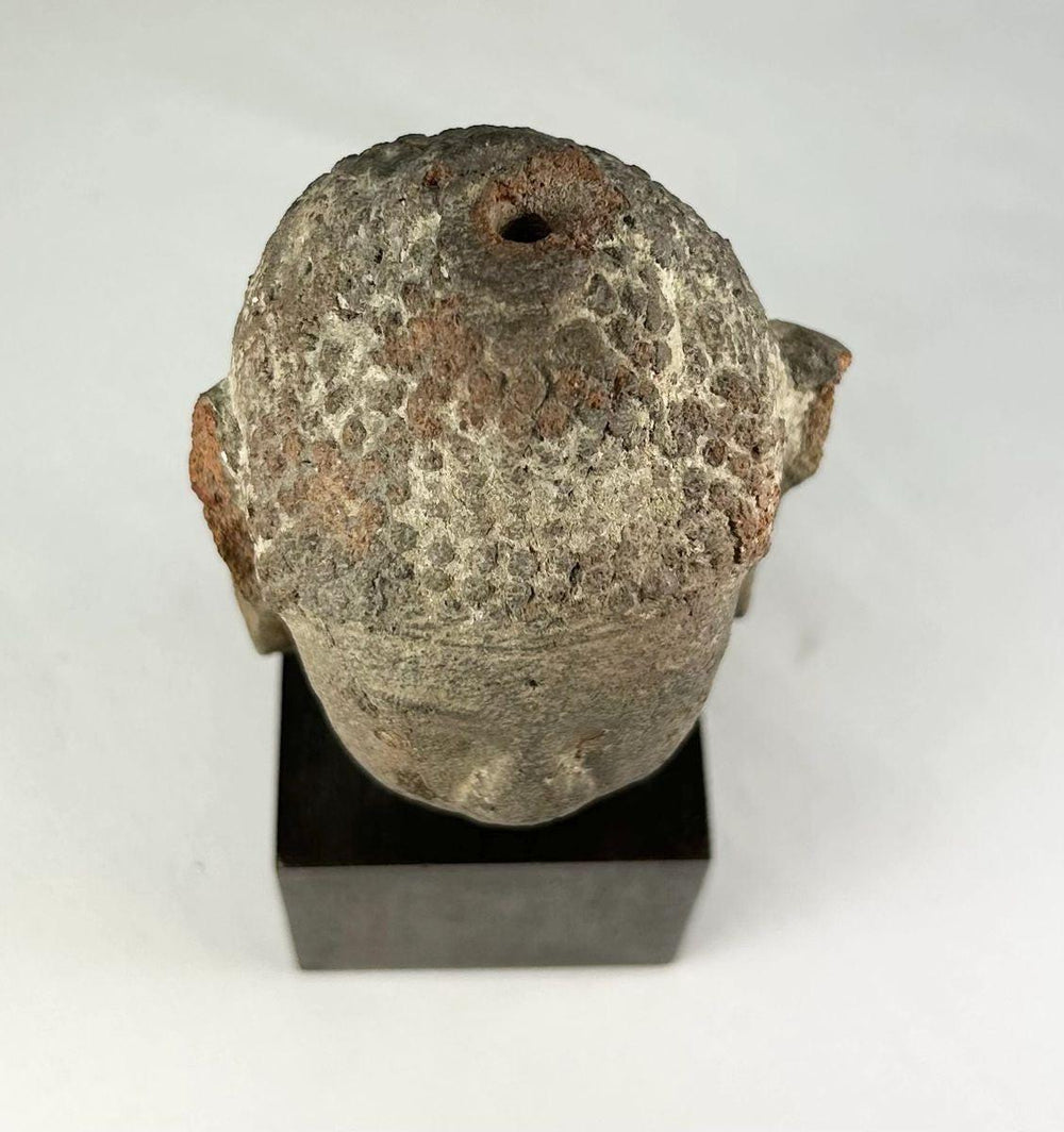 Ancient Southeast Asian terracotta Buddha head with serene expression and ushnisha