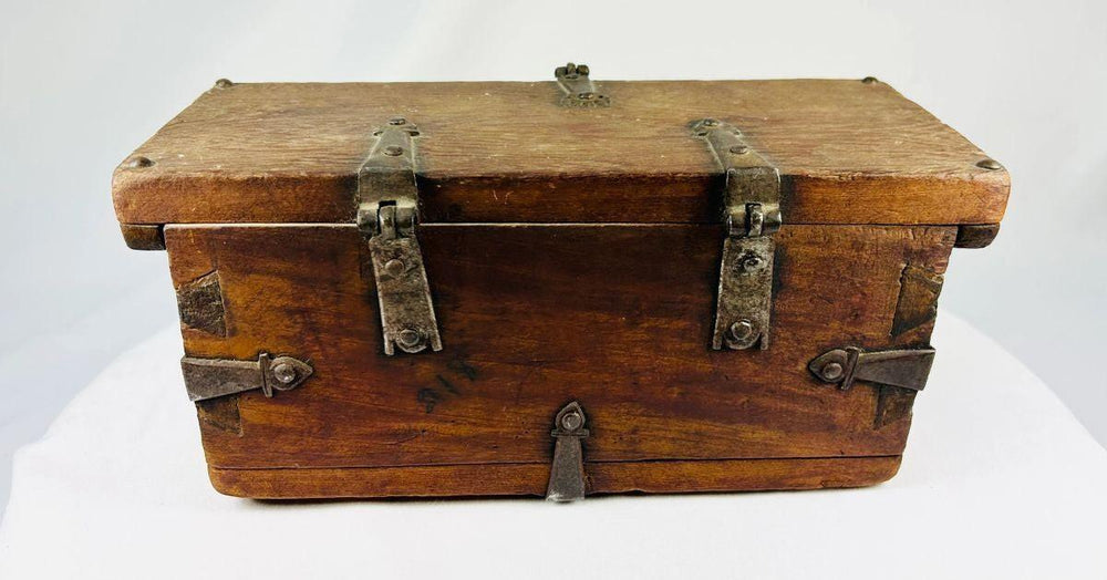 Ornate elmwood lockbox with original functional lock and key, handcrafted in South Asia.