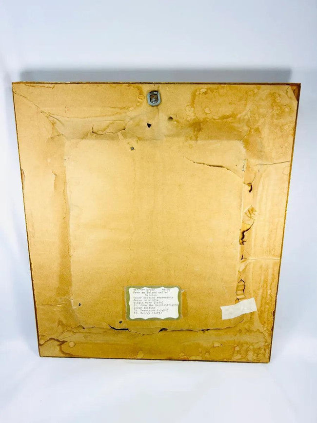 Back view of 16th–18th Century hand-painted Greek Orthodox icon on wood showing aged panel, conservation paper backing, and provenance label, Relic and Rarity.