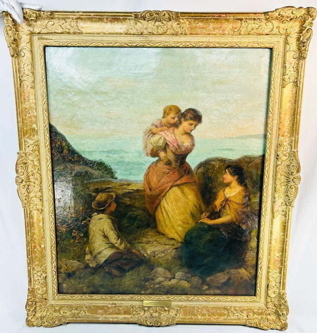 Edward John Cobbett Victorian painting mother and child coastal scene