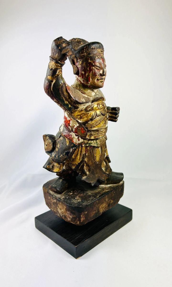 Qing Dynasty carved wooden statue of Wei Tuo Pusa, early 19th century, with original red and gold pigments and warrior armor detail.