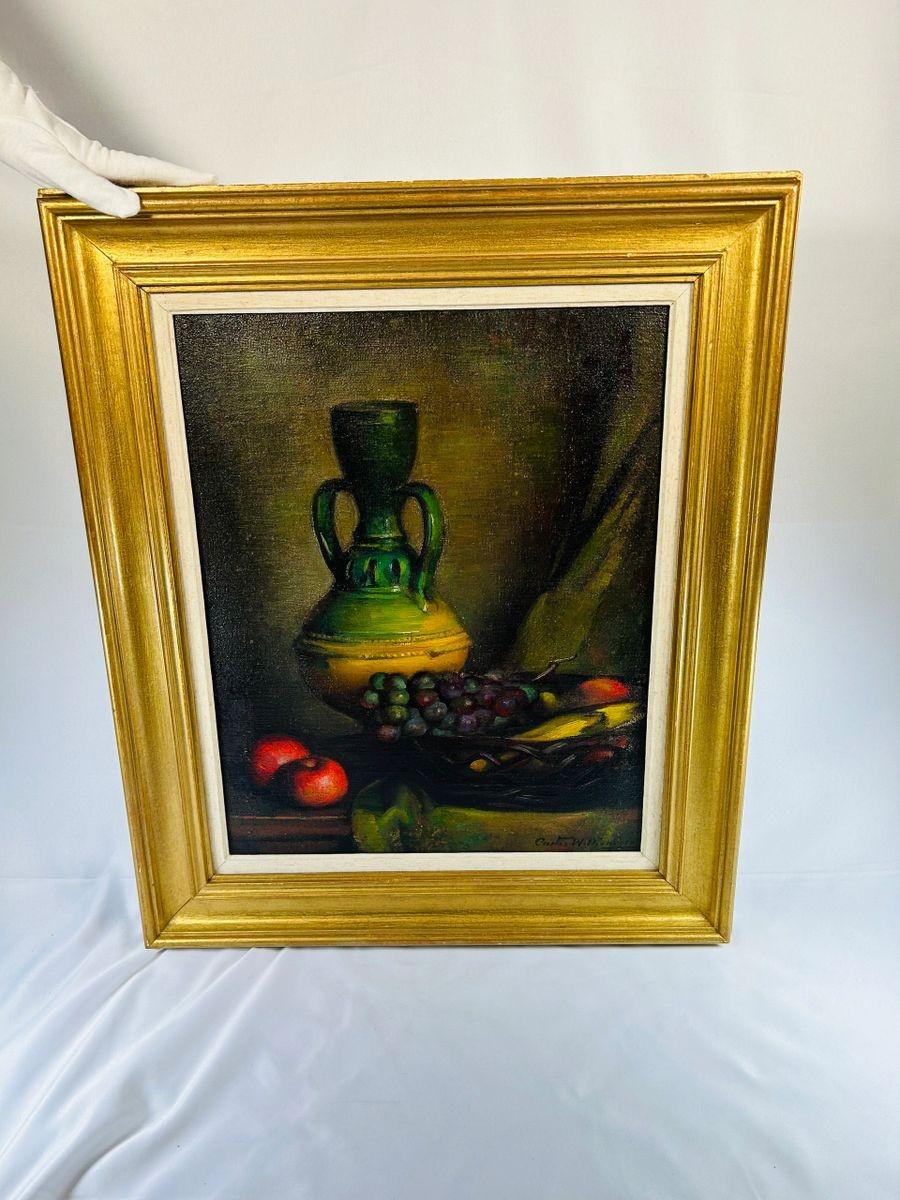 Still life oil painting, mid-20th century, green vase, grapes, apples on tabletop, signed by artist