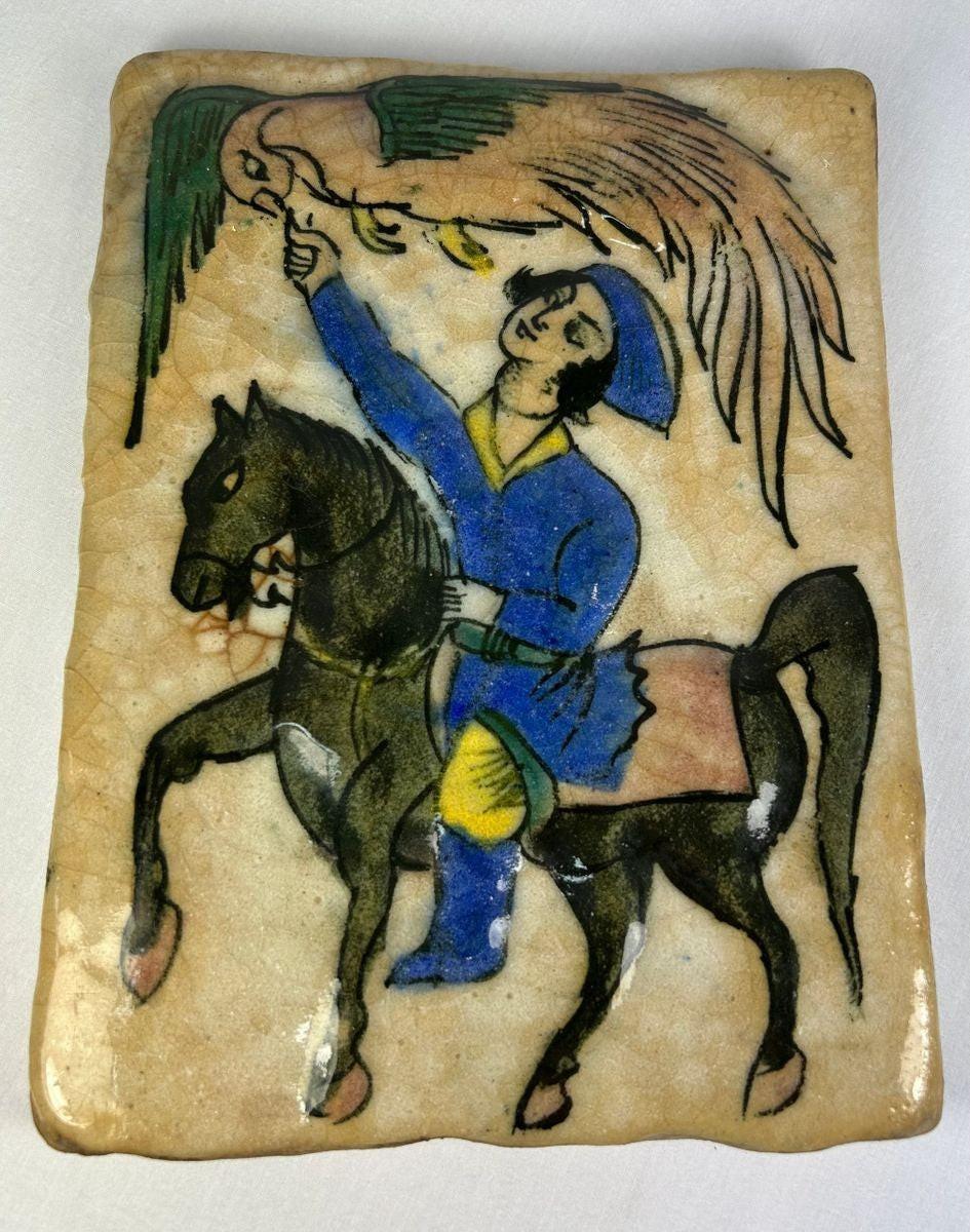 Detail view of cobalt blue and green glaze on a Qajar period Persian tile