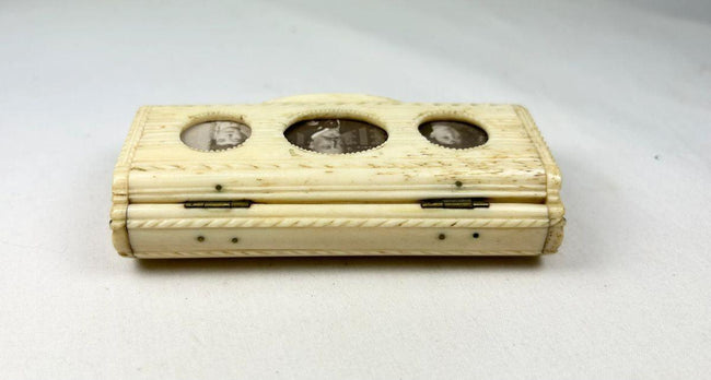 Victorian bone snuff box with inset photographic portraits under glass, circa 1850–1880