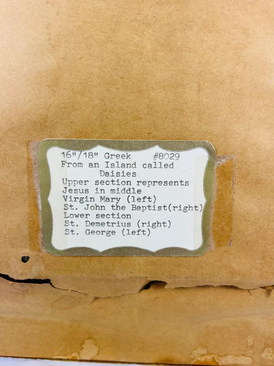 Provenance label on back of 16th–18th Century Greek Orthodox icon describing origin from a Greek island and identifying figures of Christ Pantocrator, Virgin Mary, St. John, St. George, and St. Demetrius.