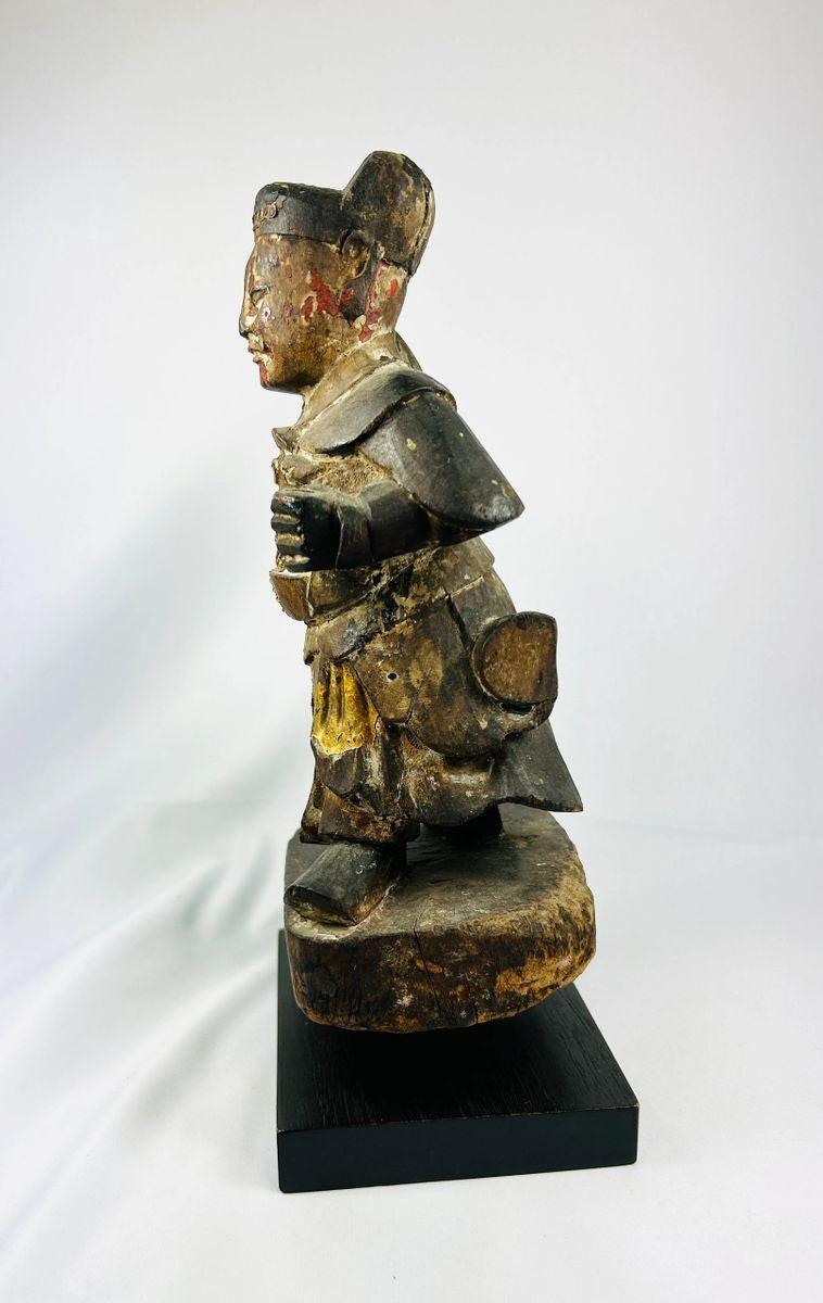 Chinese Buddhist protector deity sculpture, Wei Tuo Pusa, Qing period wooden carving with surviving pigment and aged patina.