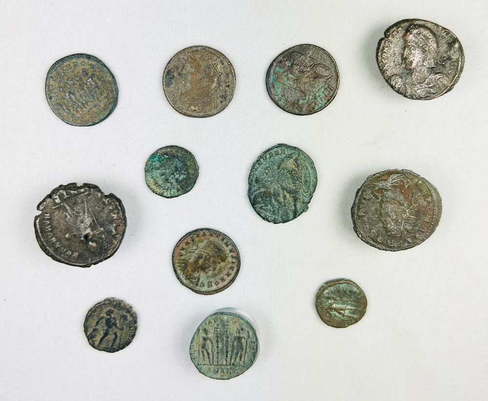 Roman Empire coin hoard with reverse imagery and patina