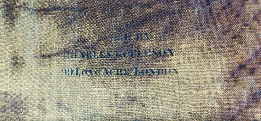 Charles Roberson supplier stamp on the canvas of “Happy Moments” by Edward John Cobbett R.B.A., 99 Long Acre, London, 19th-century British artist materials mark.