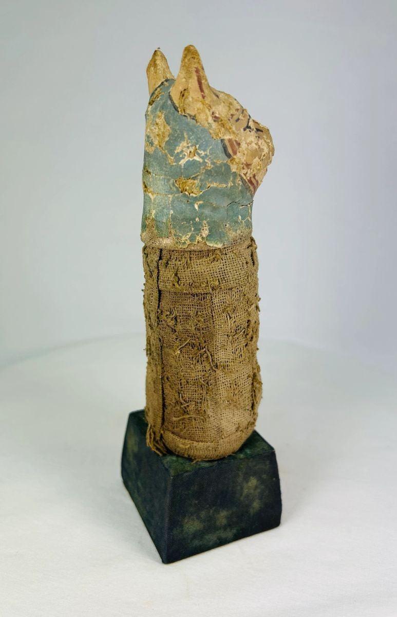 Side view of Ancient Egyptian Bastet cat mummy with detailed linen wrappings and painted mask.